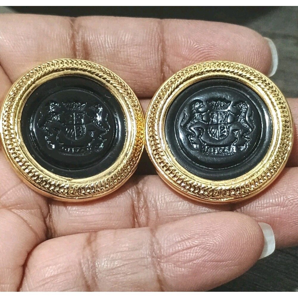 Joan Rivers Coat of Arms Black Intaglio Gold Tone Vintage Clip Earrings